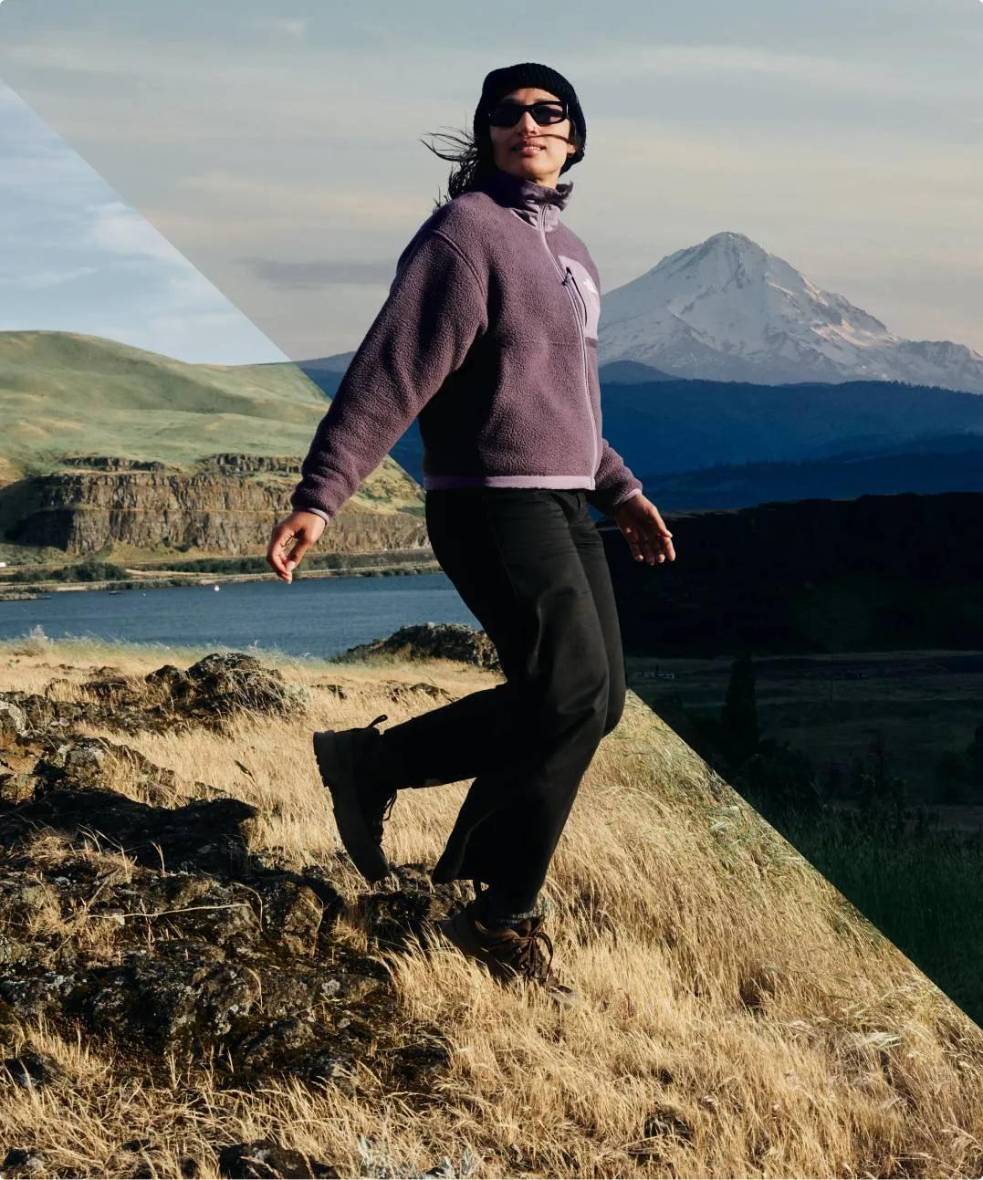 Woman in a purple North Face fleece with Mount Hood behind her